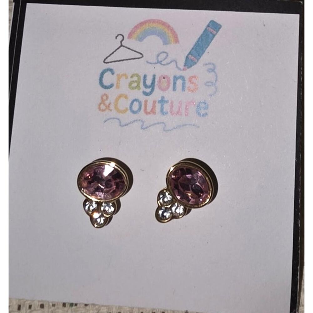 Stud Periced Earrings Pink White Rhinestone Goldtone Minimalist Daily Gorpcore